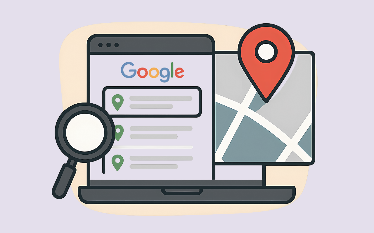An illustration of Google search and Google Maps results